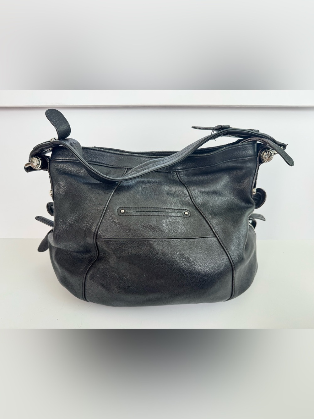 B. Makowsky Black Leather Hobo Handbag Silver Tone Hardware